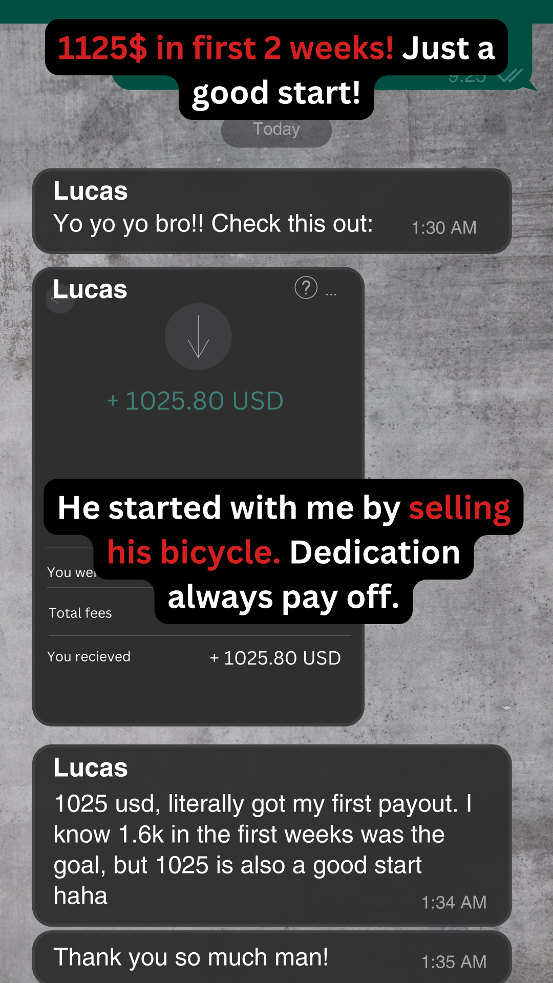 Lucas — $1,125 in first 2 weeks